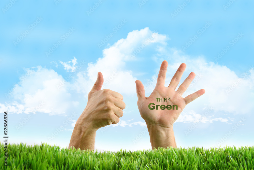 Hands with eco friendly sign in the grass Hands with eco friendly sign in the grass