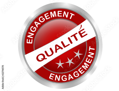 bouton rond engagement qualité sur fond rouge