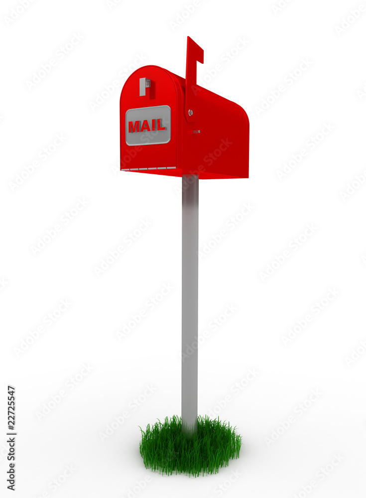 A standard red mailbox with mail and flag isolated over white