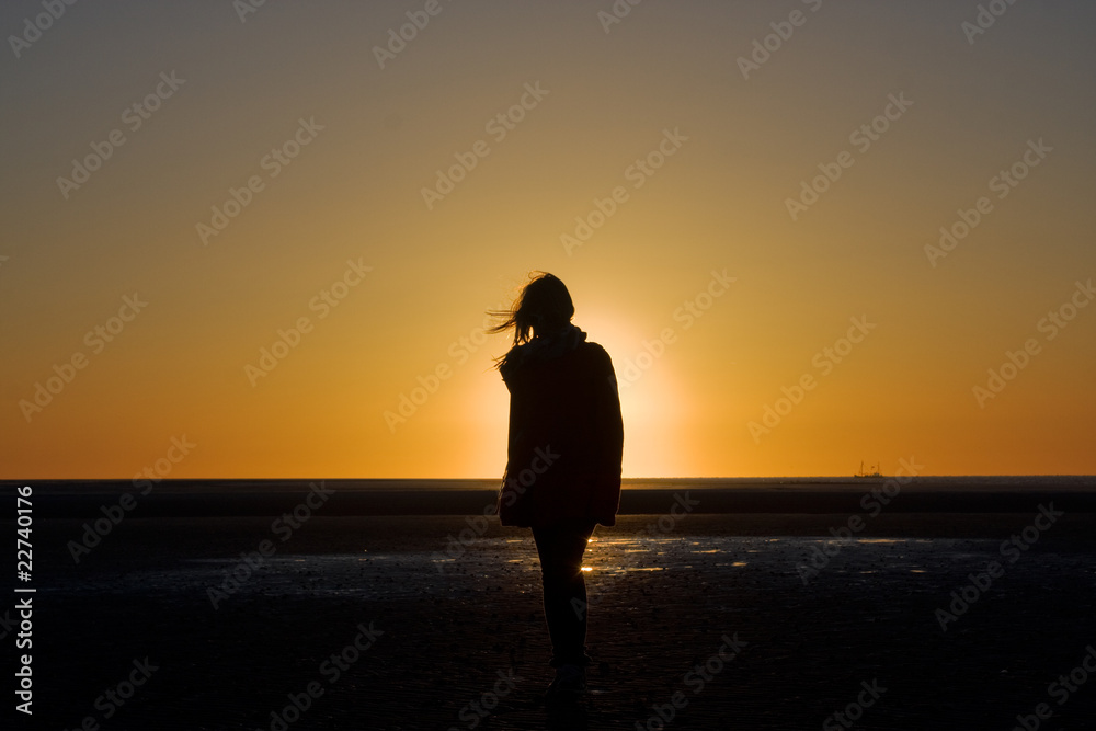 Silhouette of a girl on the beach at a sunset