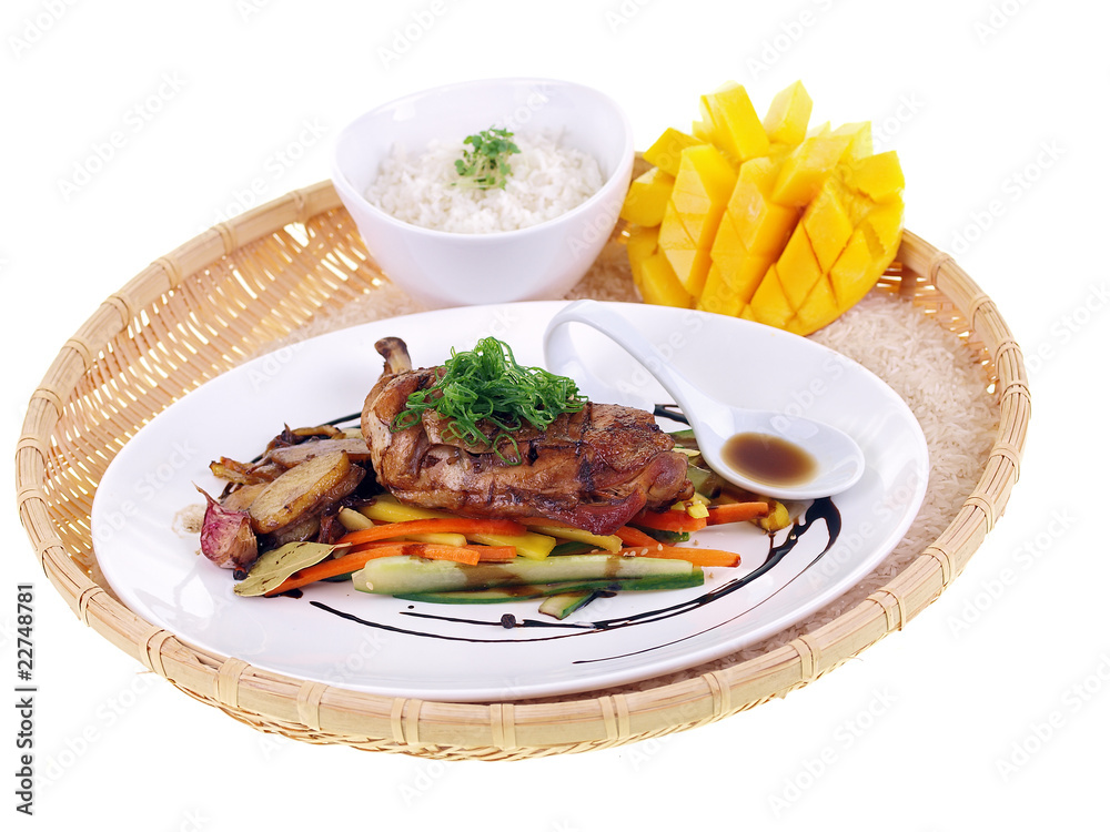 fried chicken adobo, rice & mango isolated on white background fried chicken adobo, rice & mango isolated on white background