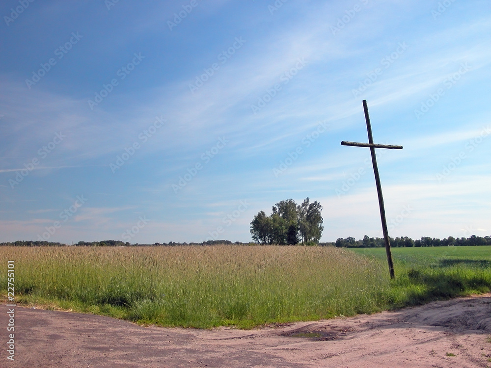 Wayside cross in rural landscape
