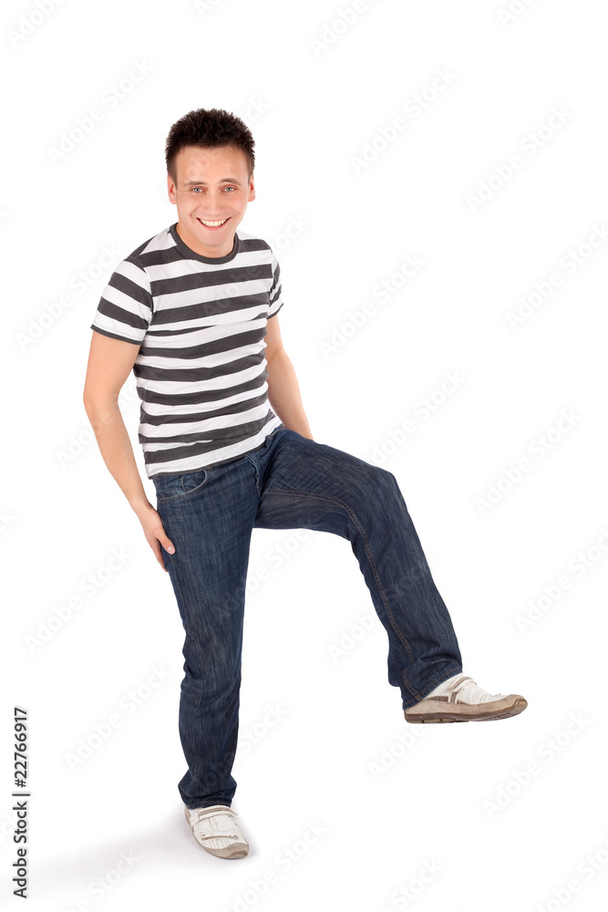 Fototapeta premium Happy Casual Man Standing on One Leg