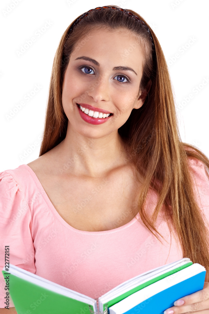 Beautiful smiling woman looking at you with open book Beautiful smiling woman looking at you with open book