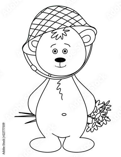 Bear cub in a helmet with a bouquet, monochrome