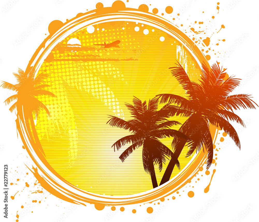 Tropical background with palm trees and plane