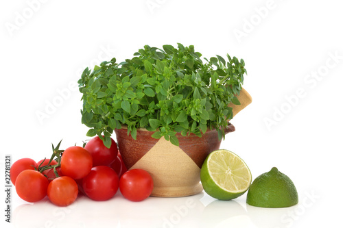 Basil Herb, Tomatoes and Lime Halves