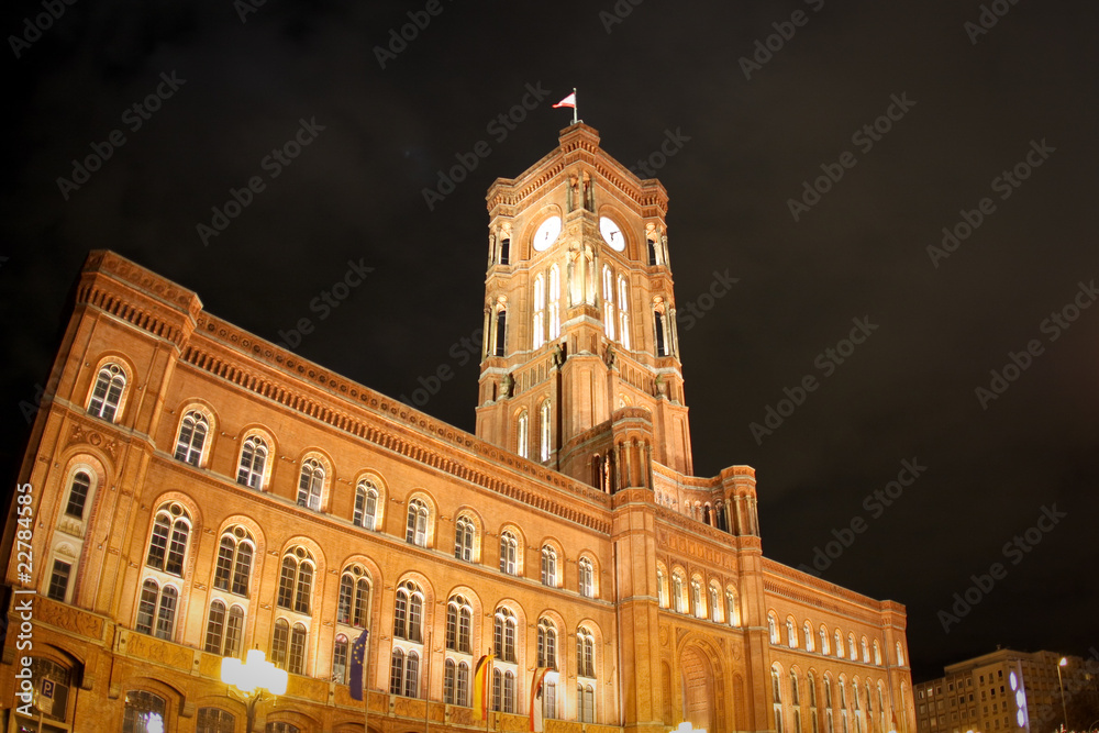 Night view on Red Town Hall in Berlin, Germany
