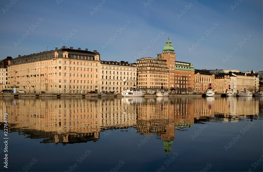 Buildings reflecting in Nybroviken, Stockholm.