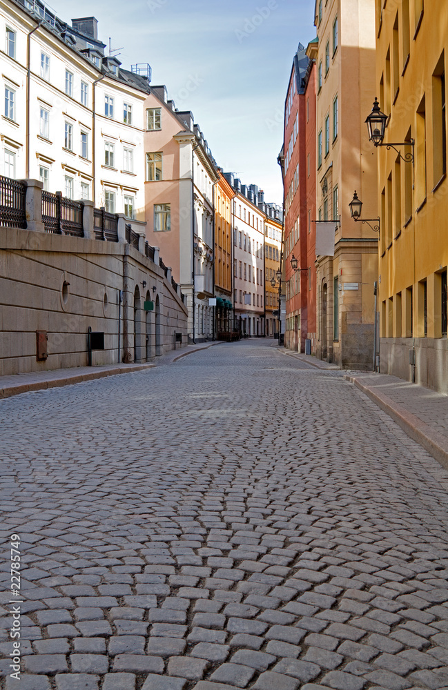 Cobblestone street in Old Town, Stockholm.