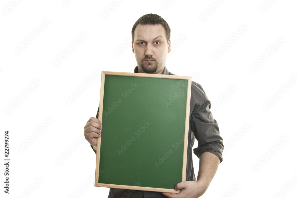 man holding a small blackboard in the hands man holding a small blackboard in the hands