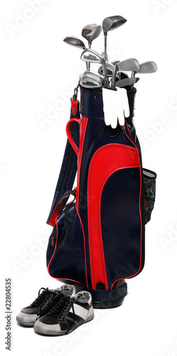 Two color golf clubs bag and boots photo