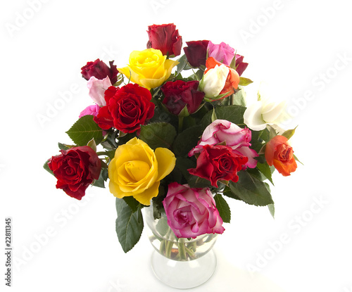 Bouquet of colorful roses over white background