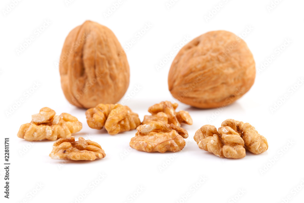 pieces and whole walnut over white background pieces and whole walnut over white background