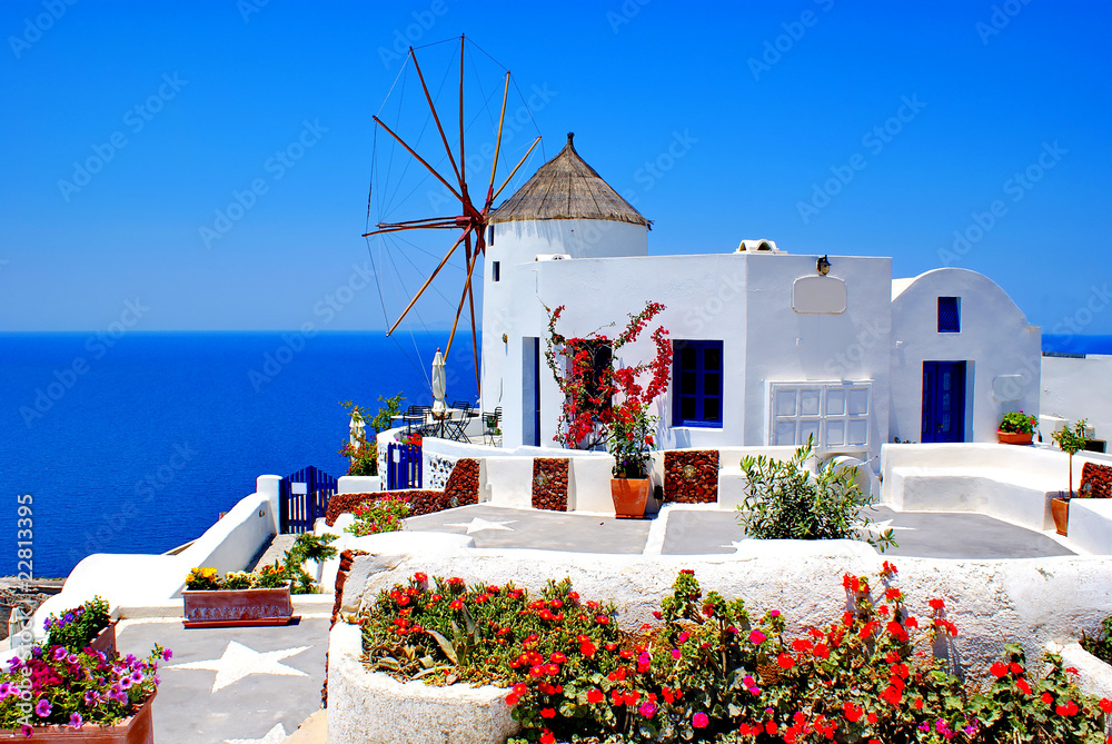 Windmill on Santorini island, Greece - obrazy, fototapety, plakaty 