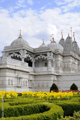 beautiful garden with yellow tulips and hindu temple