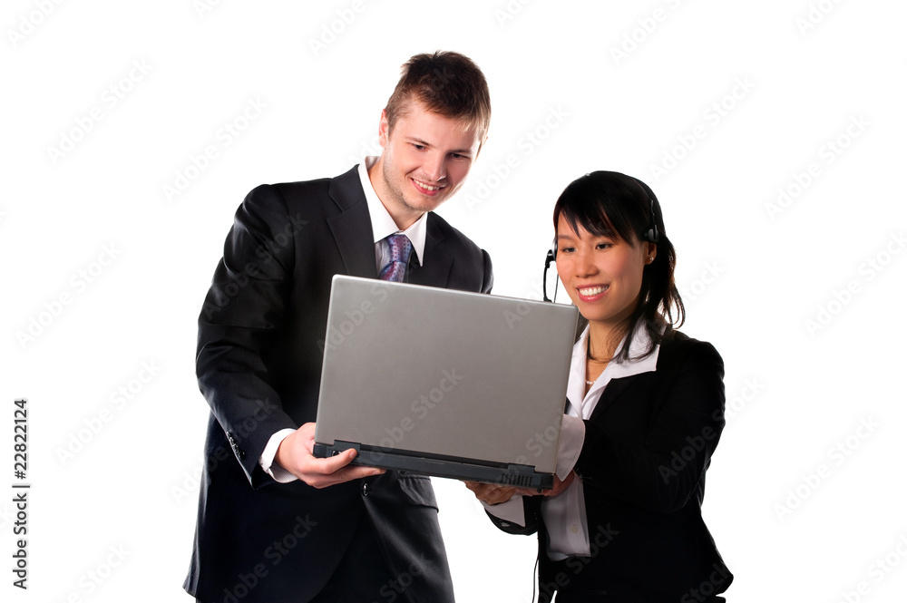 Happy businessman and businesswoman with laptop Happy businessman and businesswoman with laptop