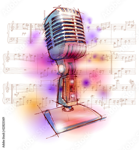Vector Classic Microphone, watercolor background & notes