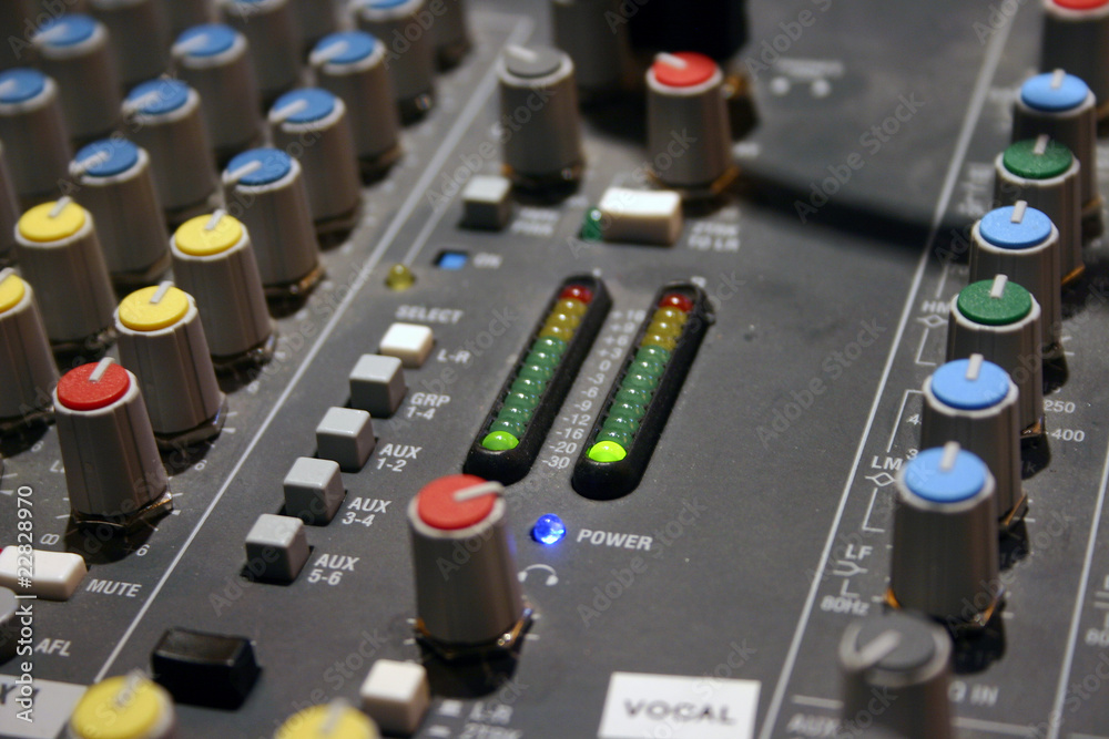 Sound mixer close up view. Sound mixer close up view.