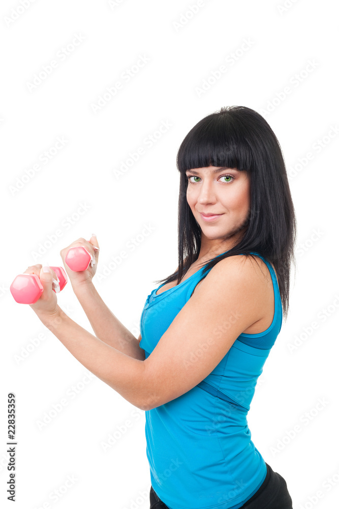 Happy woman practice with pink dumbbells Happy woman practice with pink dumbbells