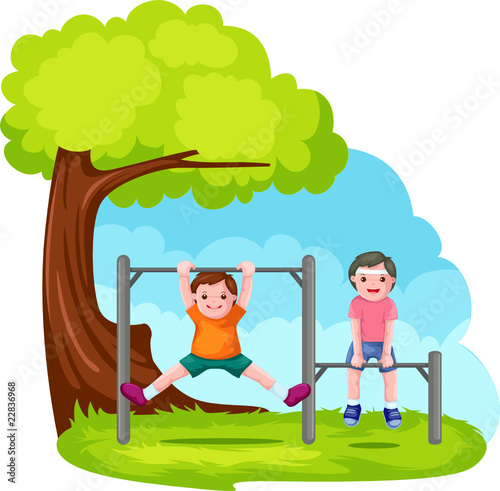 two boys playing with park bar