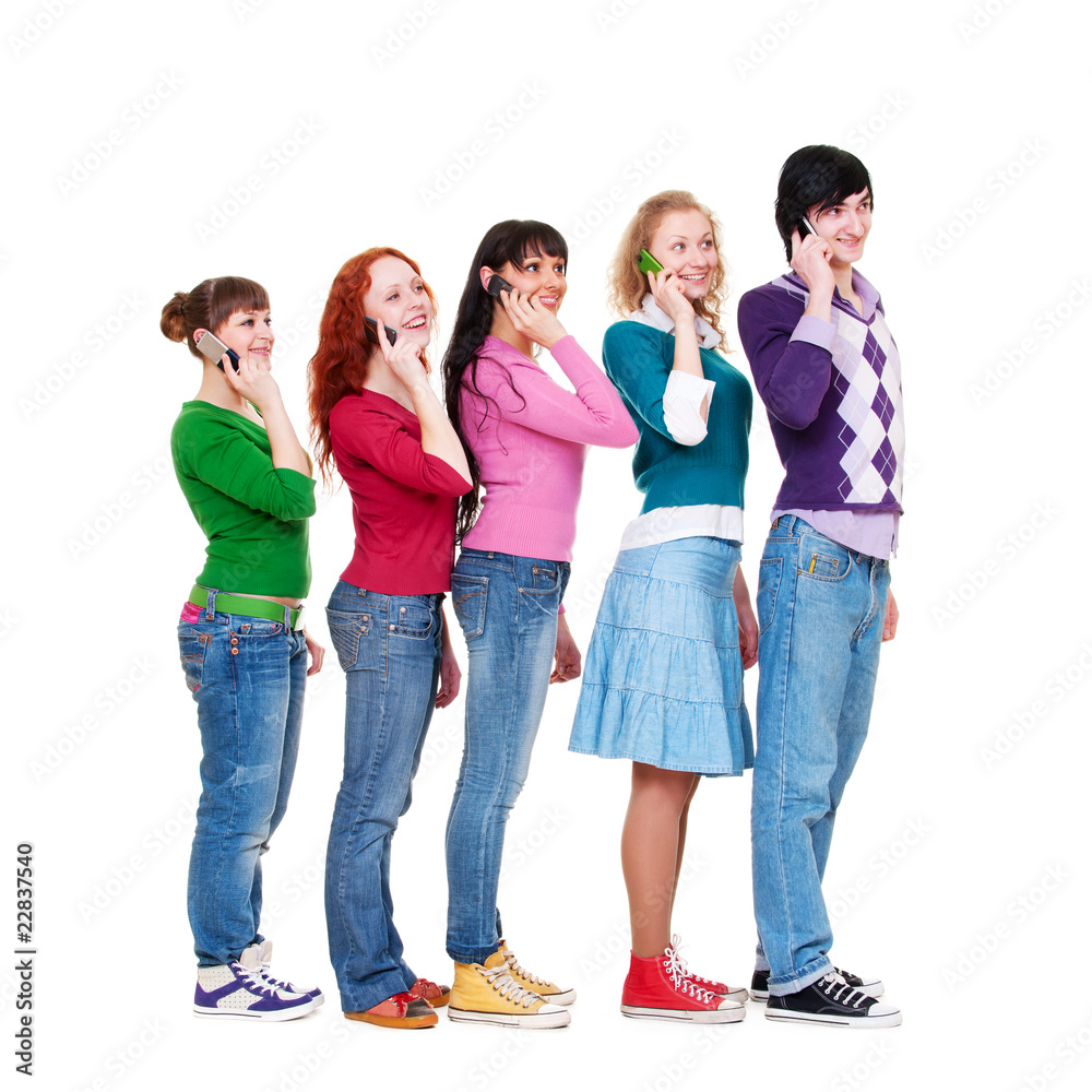 friends talking by phone and standing in queue friends talking by phone and standing in queue