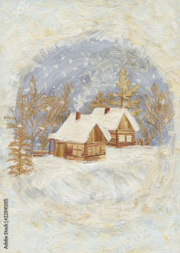 winter village, application from straws and a garlic peel