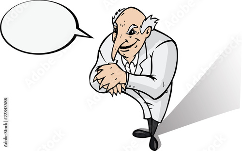 Evil genius in lab coat plotting.