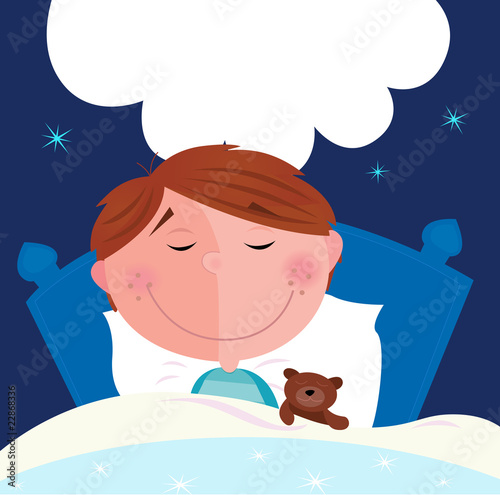 Small boy with his teddy bear sleeping in bed. VECTOR