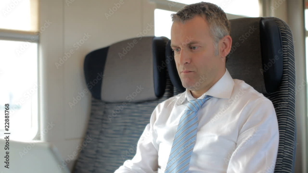 Businessman working with laptop computer and traveling on train