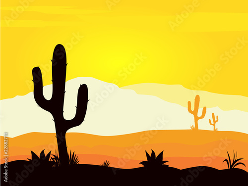 Mexico desert sunset with cactus plants silhouette. VECTOR