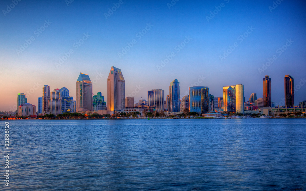 San Diego skyline on clear evening in HDR