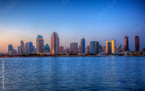 San Diego skyline on clear evening in HDR
