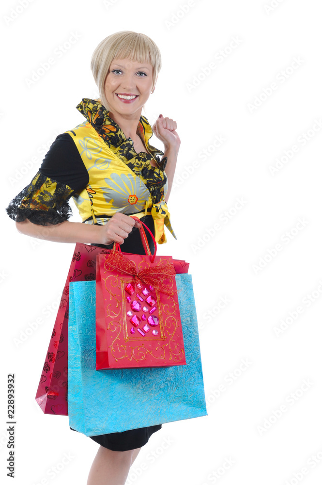 Beautiful blonde with bags.