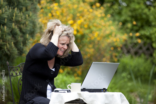 hübsche Frau mit Laptop im Grünen rauft sich die Haare photo