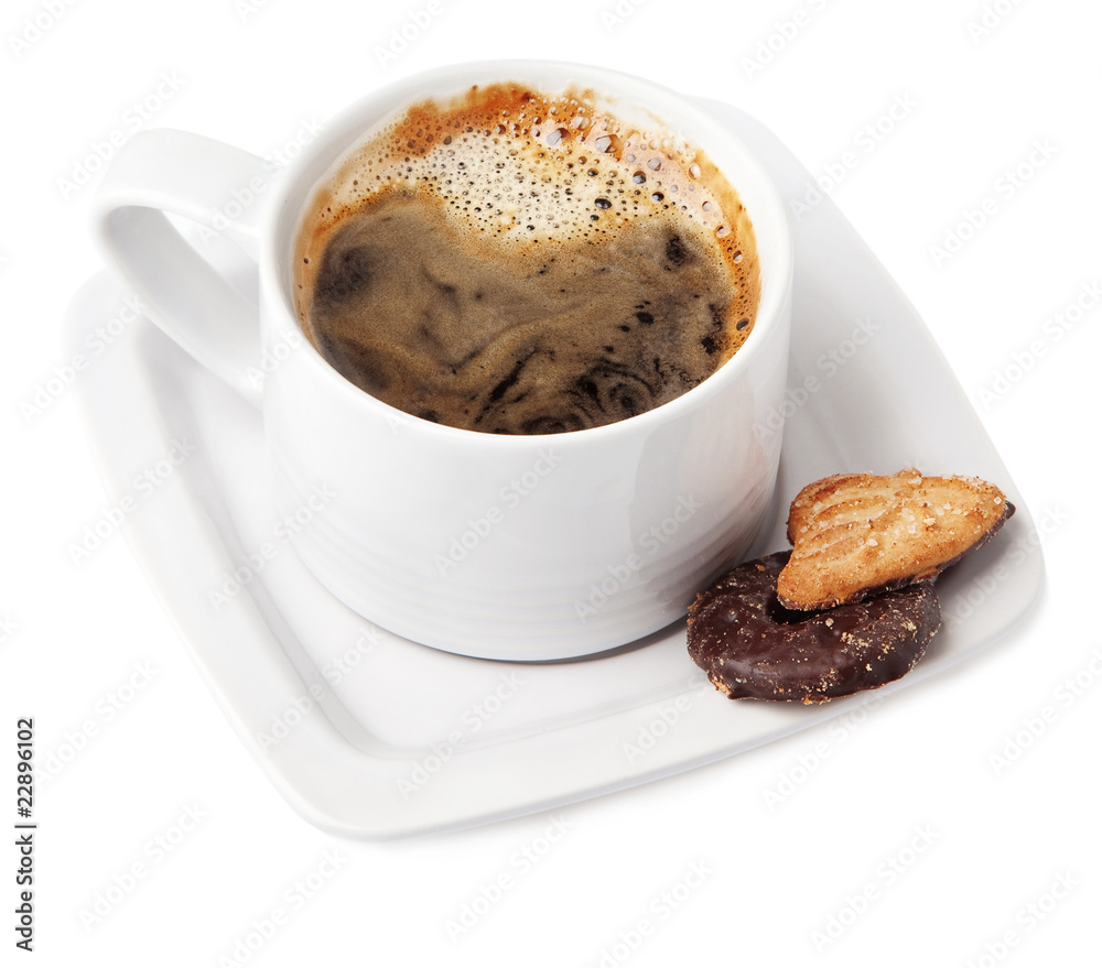 A cup of hot coffee and delicious chocolate cookies. A cup of hot coffee and delicious chocolate cookies.