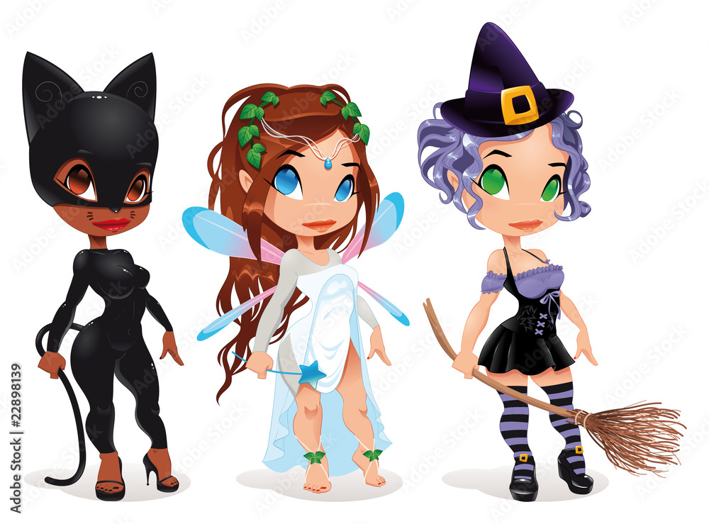 Plakat Pussy, Fairy and Witch. Postaci z kreskówek i wektorowe.