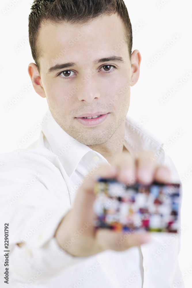 young business man with empty card isolated on white young business man with empty card isolated on white