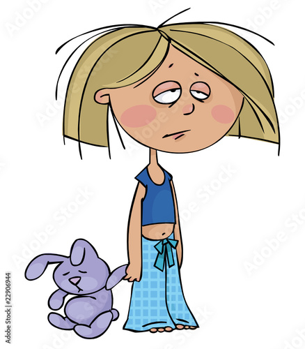 Sleepy girl with a toy rabbit