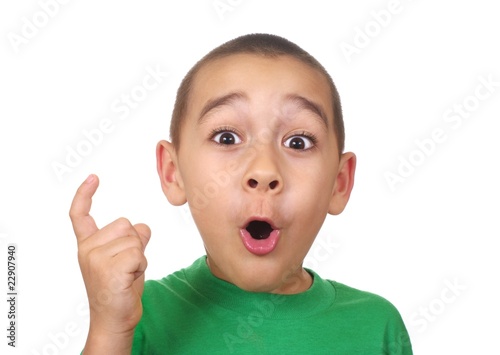 boy saying a-ha, isolated on white photo