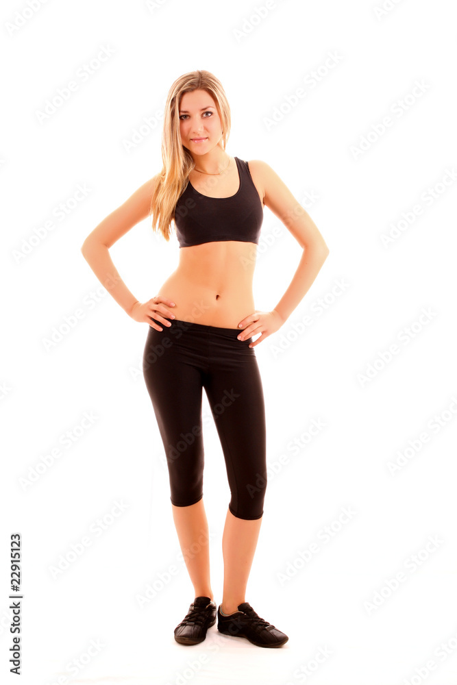 pretty young girl in the gymnastic  suit isolated on white