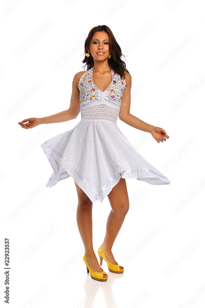 Naklejka premium Beautiful Latino Woman With White Dress