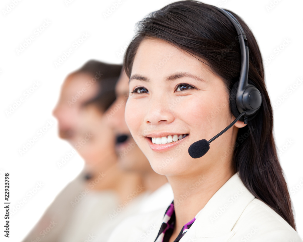 Confident business people with headset on standing Confident business people with headset on standing