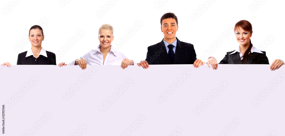 group of business people holding a banner ad isolated on white group of business people holding a banner ad isolated on white