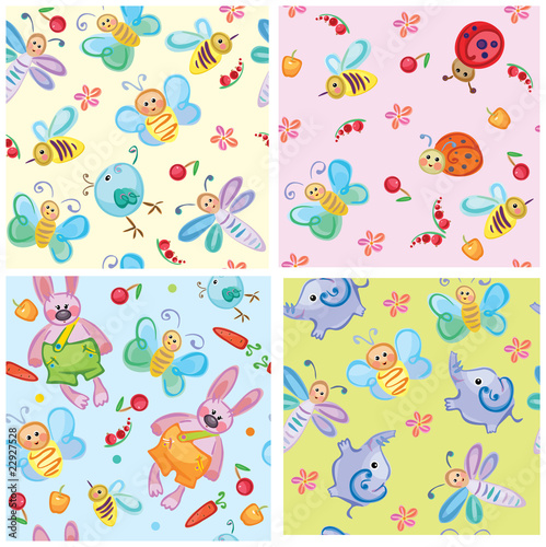 Cute seamless patterns of animals and insects for your design.