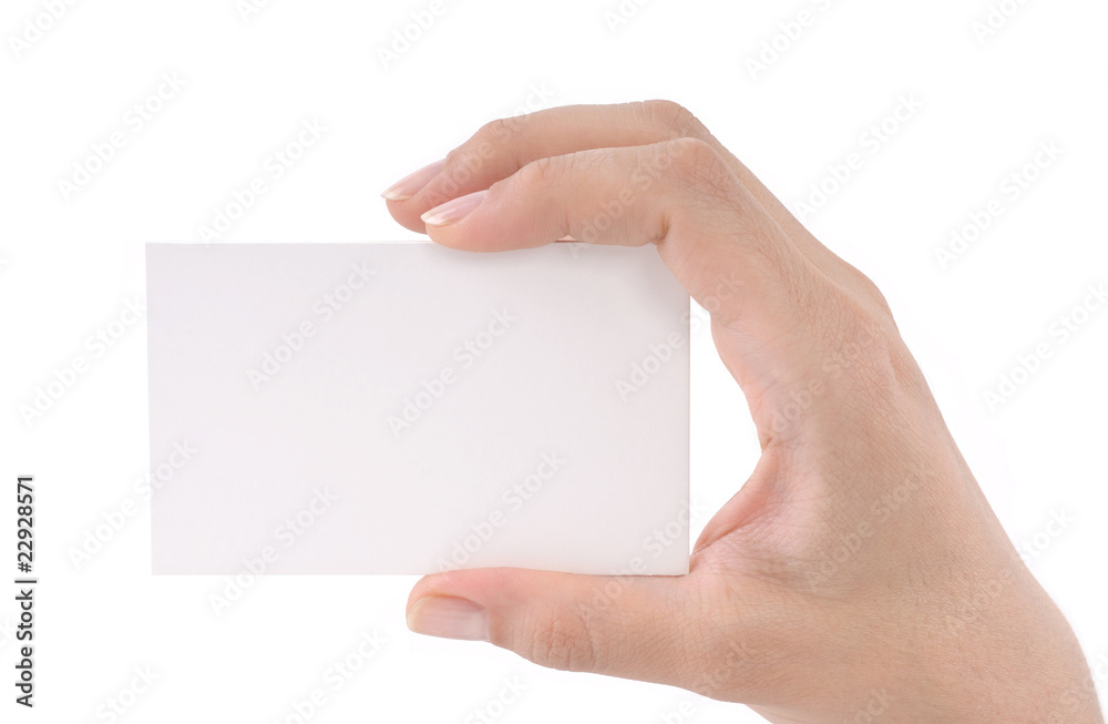 Obraz premium Woman hand holding blank business card isolated