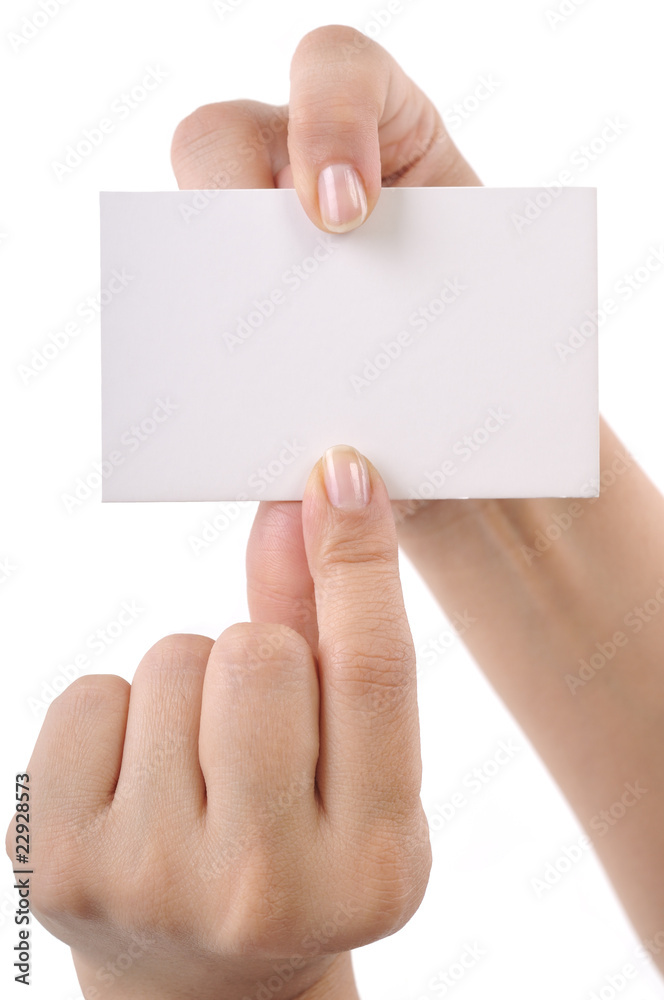 Obraz premium Woman hand holding blank business card isolated