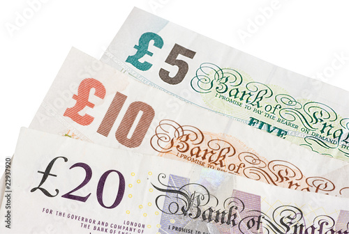 British five ten and twenty pound notes photo