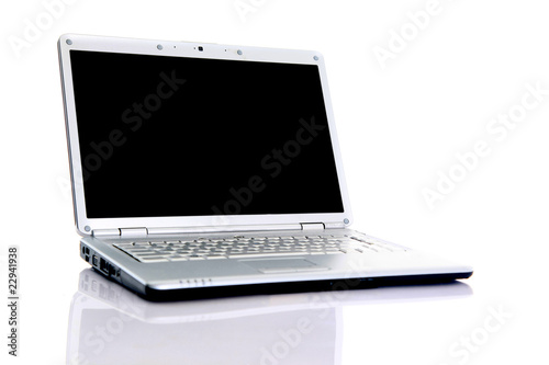 Modern laptop isolated on white with reflections on glass