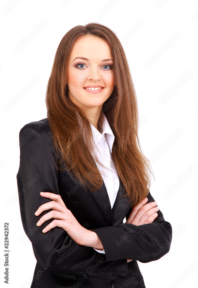 Positive business woman smiling over white background Positive business woman smiling over white background